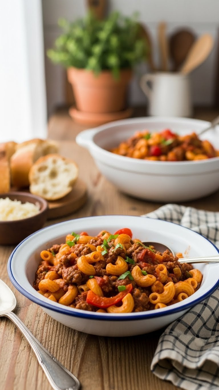 Hearty American-Style Goulash With Elbow Macaroni And Ground Beef In Vintage Enamelware Bowl.