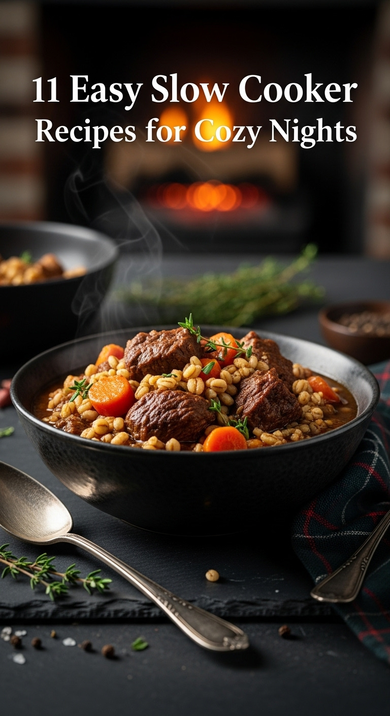 Hearty Beef Barley Stew In A Dark Rustic Bowl With Fresh Thyme And Vintage Spoon On A Slate Surface Near A Cozy Fireplace