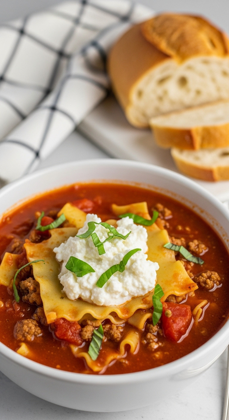 Hearty Crockpot Lasagna Soup With Ricotta And Basil In A White Ceramic Bowl On A Checkered Towel