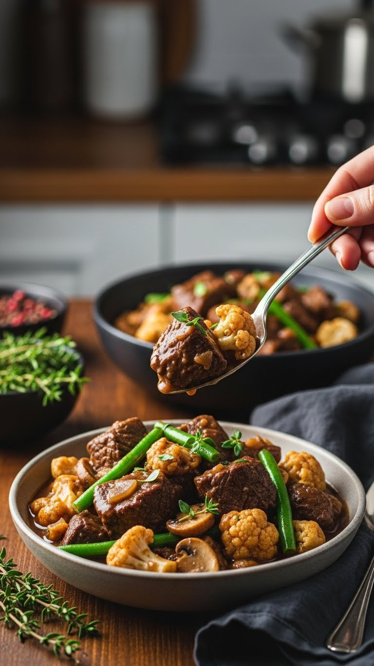 Hearty Instant Pot Low-Carb Beef Stew With Tender Beef, Cauliflower, Green Beans, And Mushrooms In Rich Gravy On A Dark Wooden Table.