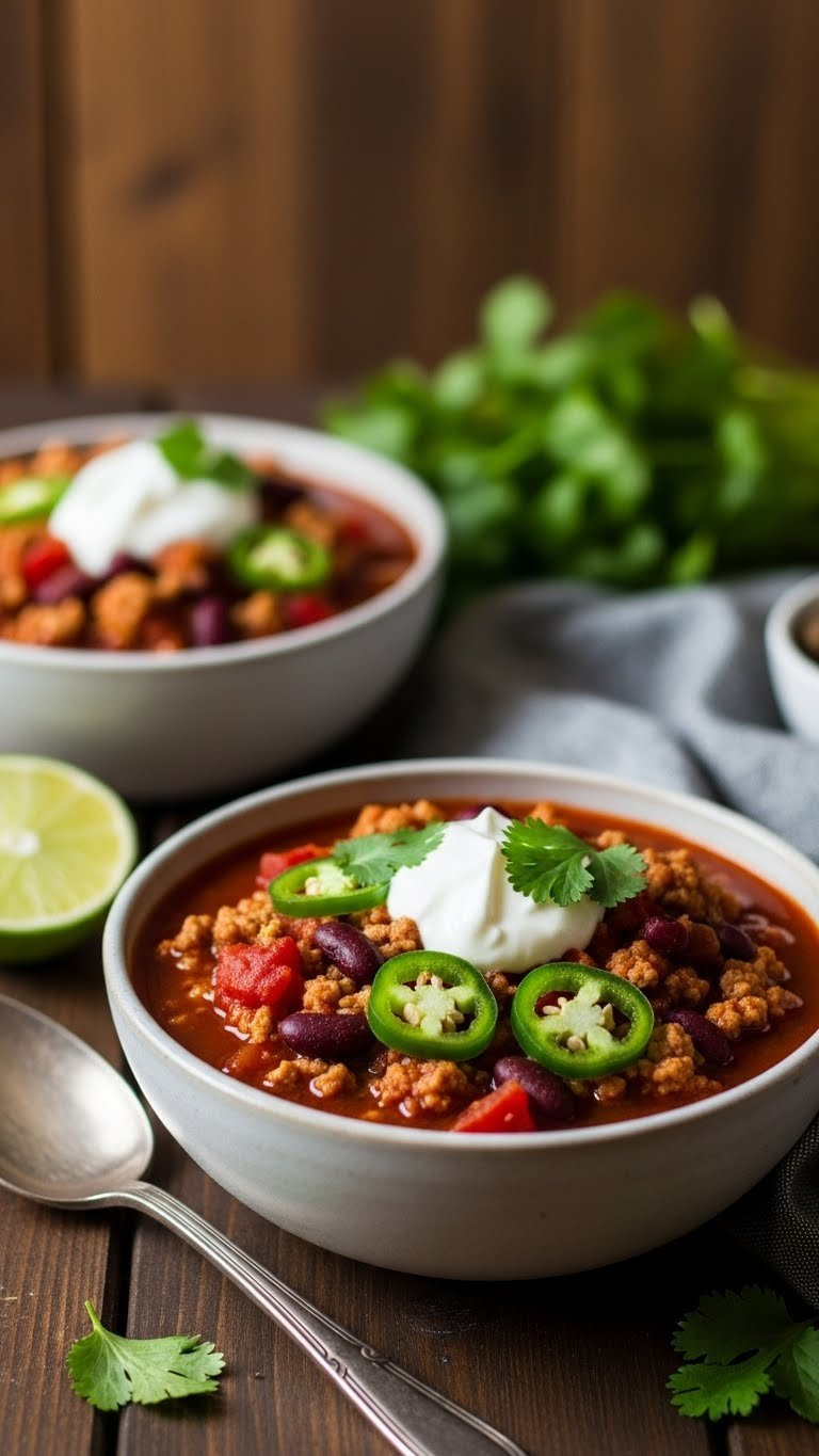 Hearty Instant Pot Turkey Chili With Beans, Tomatoes, And Ground Turkey, Topped With Greek Yogurt And Cilantro On A Dark Wooden Table.