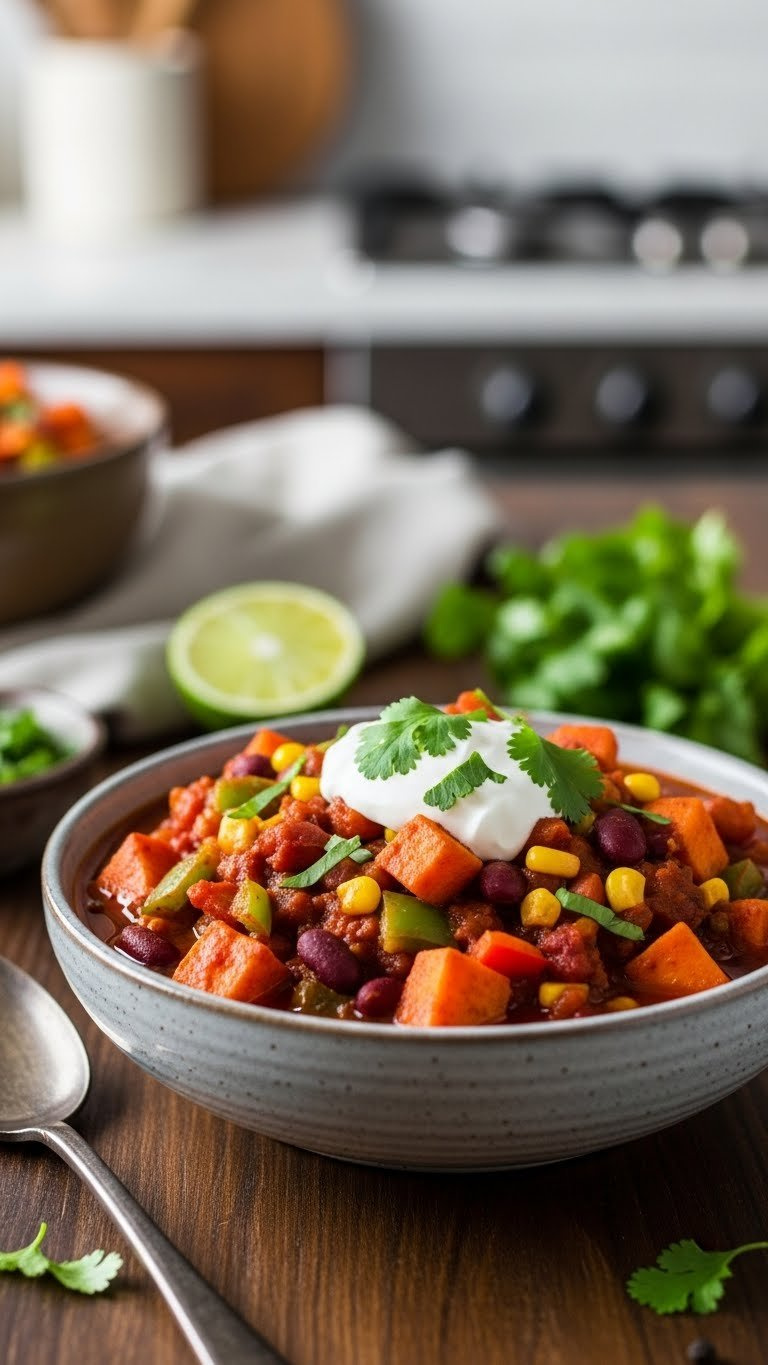 Hearty Instant Pot Vegetarian Chili With Sweet Potatoes, Bell Peppers, Corn, And Beans, Topped With Sour Cream And Cilantro.