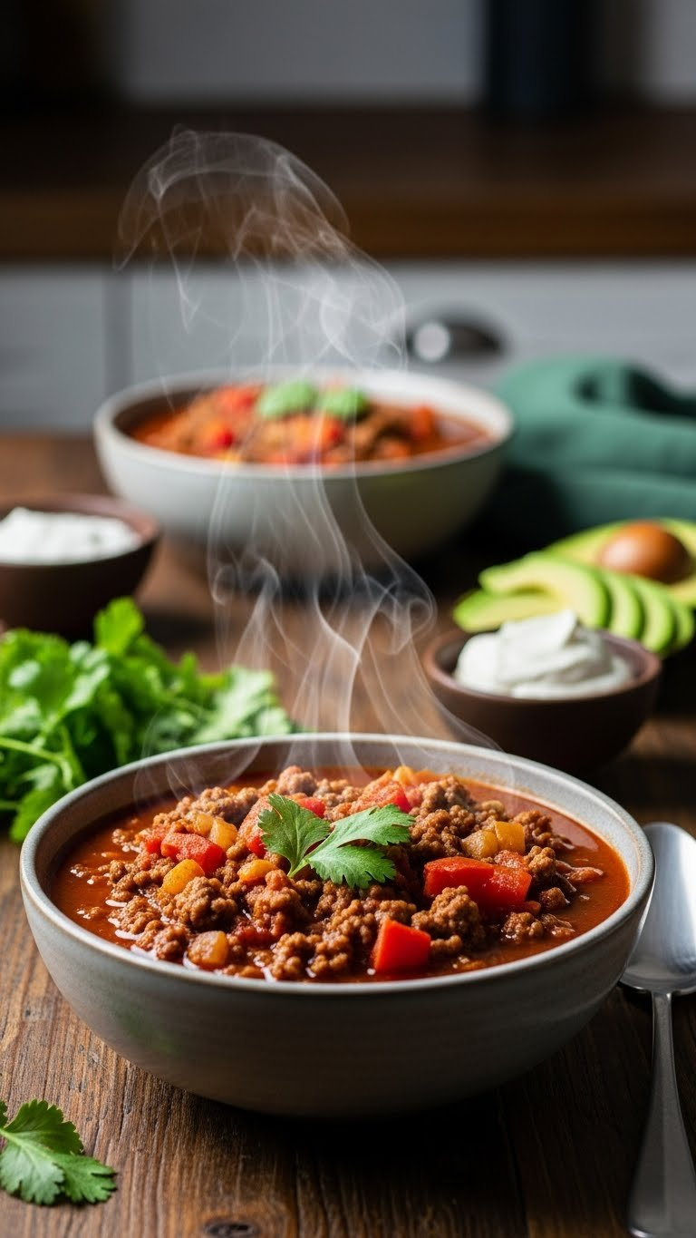 Hearty Instant Pot Whole30 Beanless Chili With Ground Beef, Peppers, Avocado, And Cilantro In A Rustic Bowl.