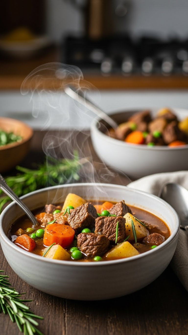 Hearty Instant Pot Whole30 Beef Stew With Tender Beef, Carrots, And Potatoes Steaming In A Rustic Ceramic Bowl On A Wooden Table.