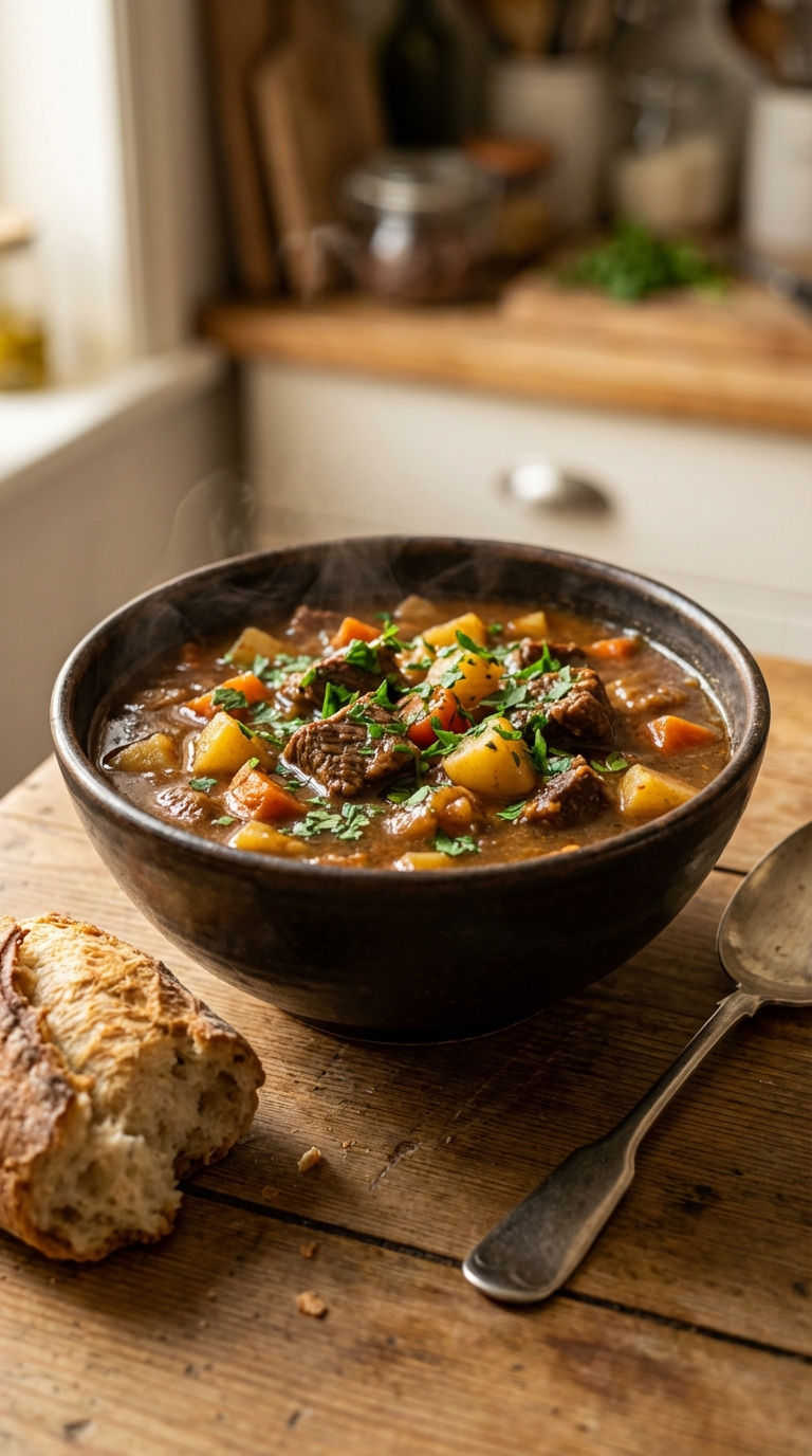 Hearty Instant Pot Beef Stew With Potatoes And Carrots In Dark Ceramic Bowl On Weathered Wooden Table