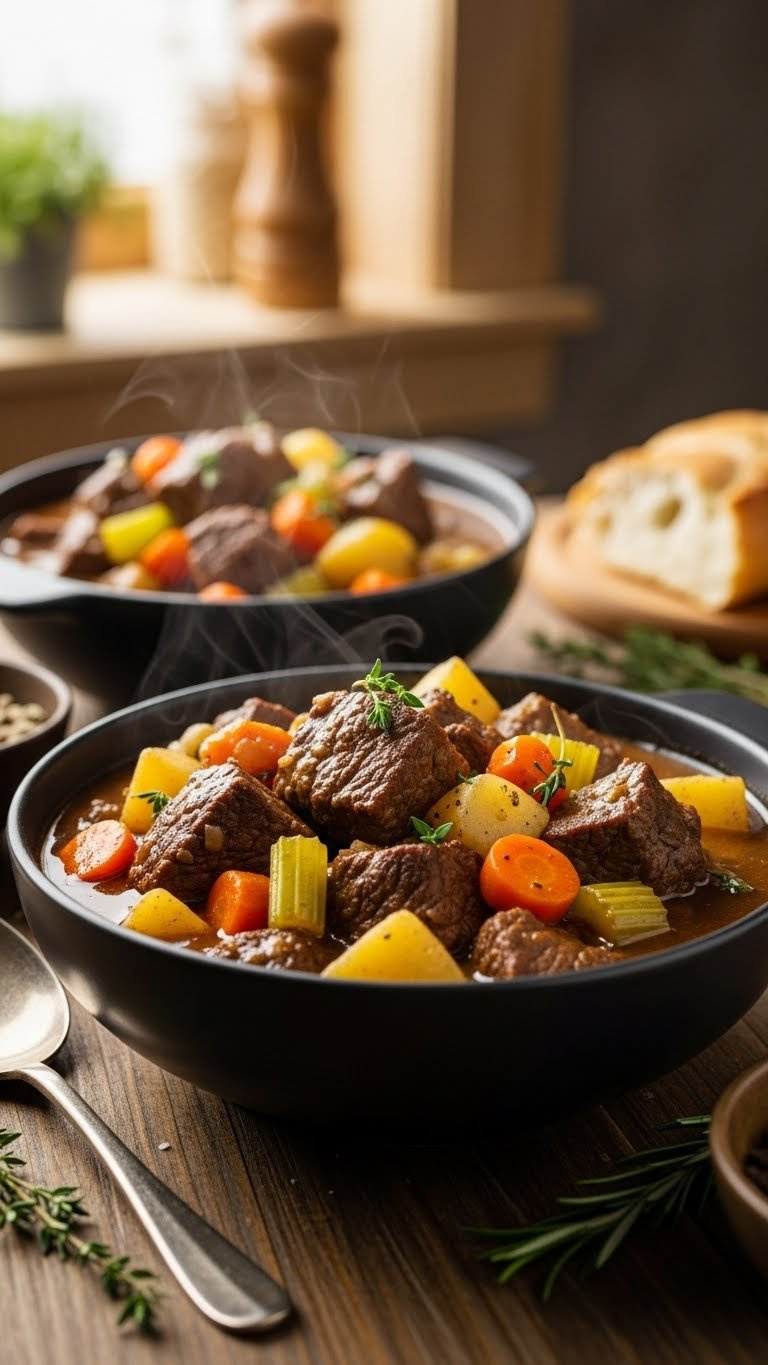 Hearty Instant Pot Beef Stew With Tender Beef, Carrots, Potatoes, And Celery In A Dark Ceramic Bowl On A Wooden Table.