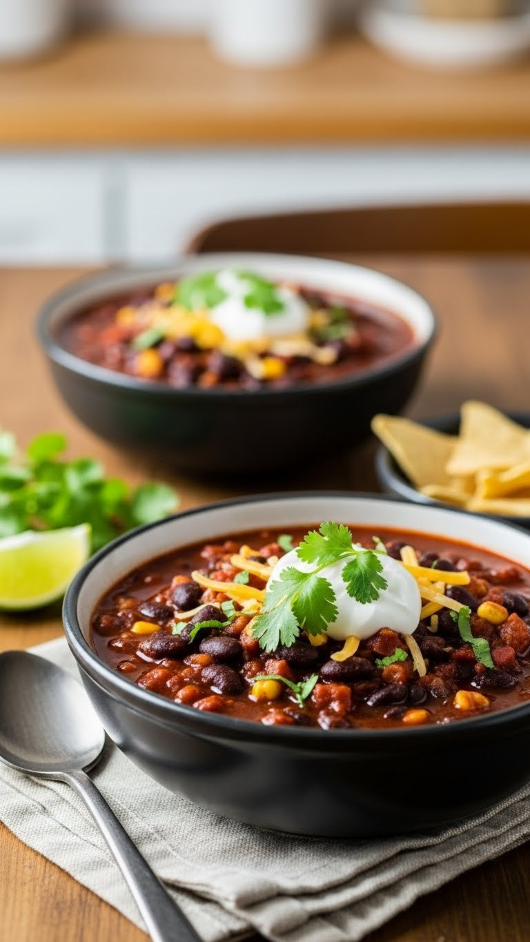 Hearty Instant Pot Black Bean Chili Topped With Sour Cream, Cilantro, And Served With A Lime Wedge And Tortilla Chips.
