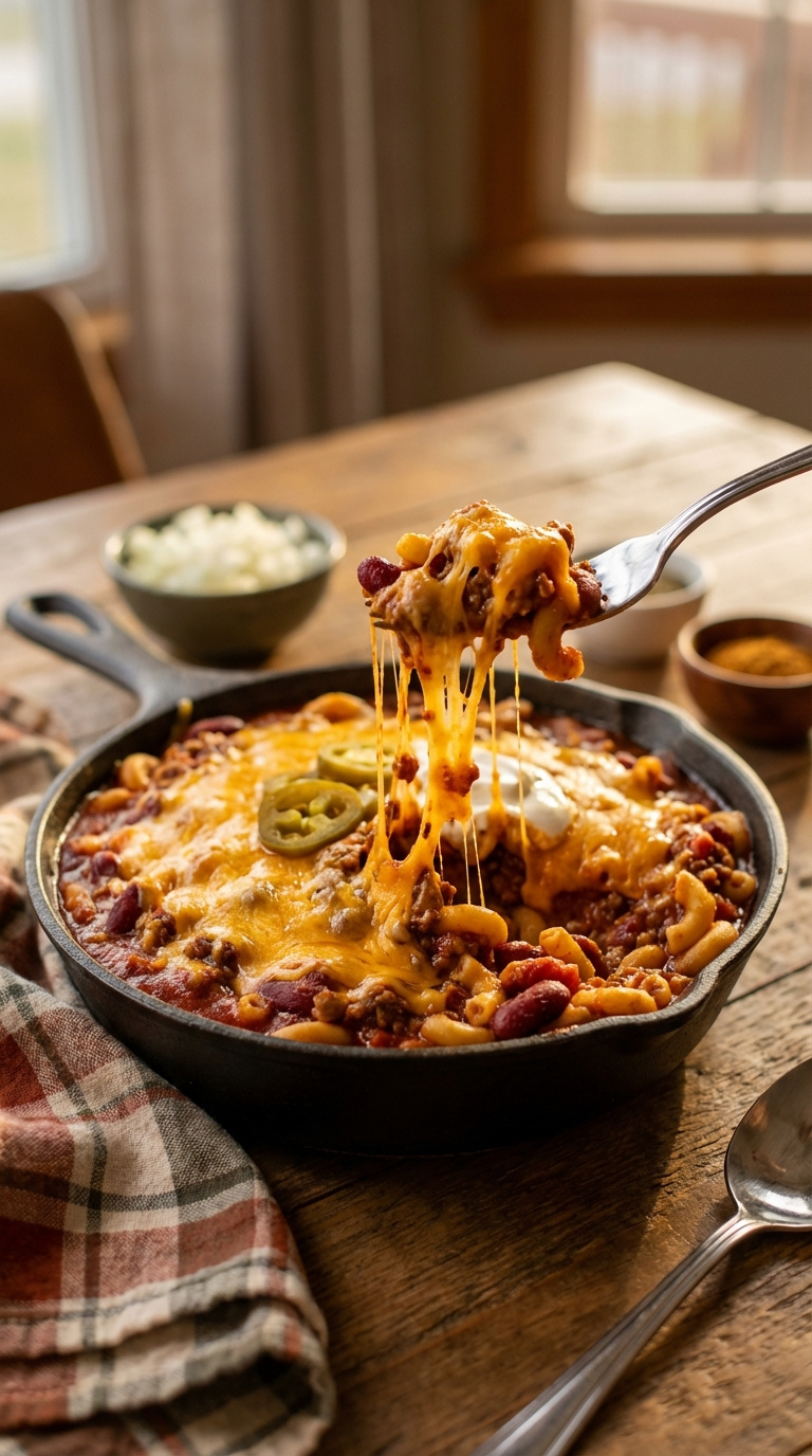 Hearty Instant Pot Chili Mac With Ground Beef, Macaroni And Melted Cheddar Cheese In Cast-Iron Skillet Bowl.