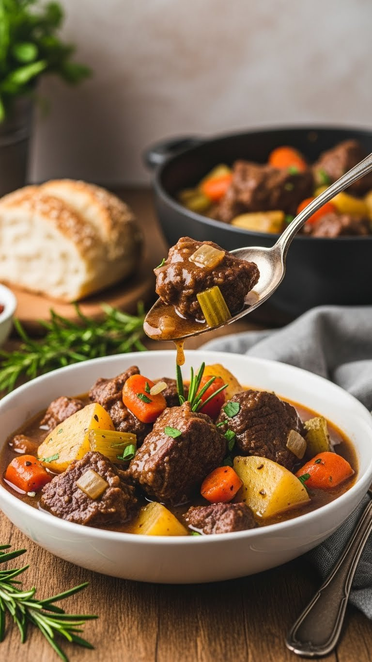 Hearty Instant Pot Gluten-Free Beef Stew With Tender Beef, Carrots, And Potatoes, Garnished With Rosemary On A Rustic Wooden Table.