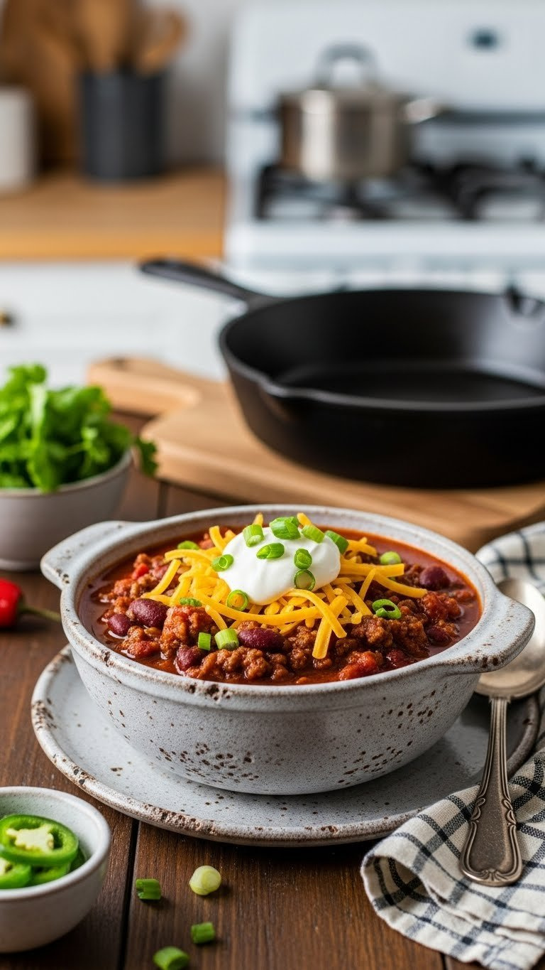 Hearty Instant Pot Gluten-Free Chili With Beef, Beans, Cheddar, Sour Cream, And Green Onions In A Distressed Bowl On A Dark Table.