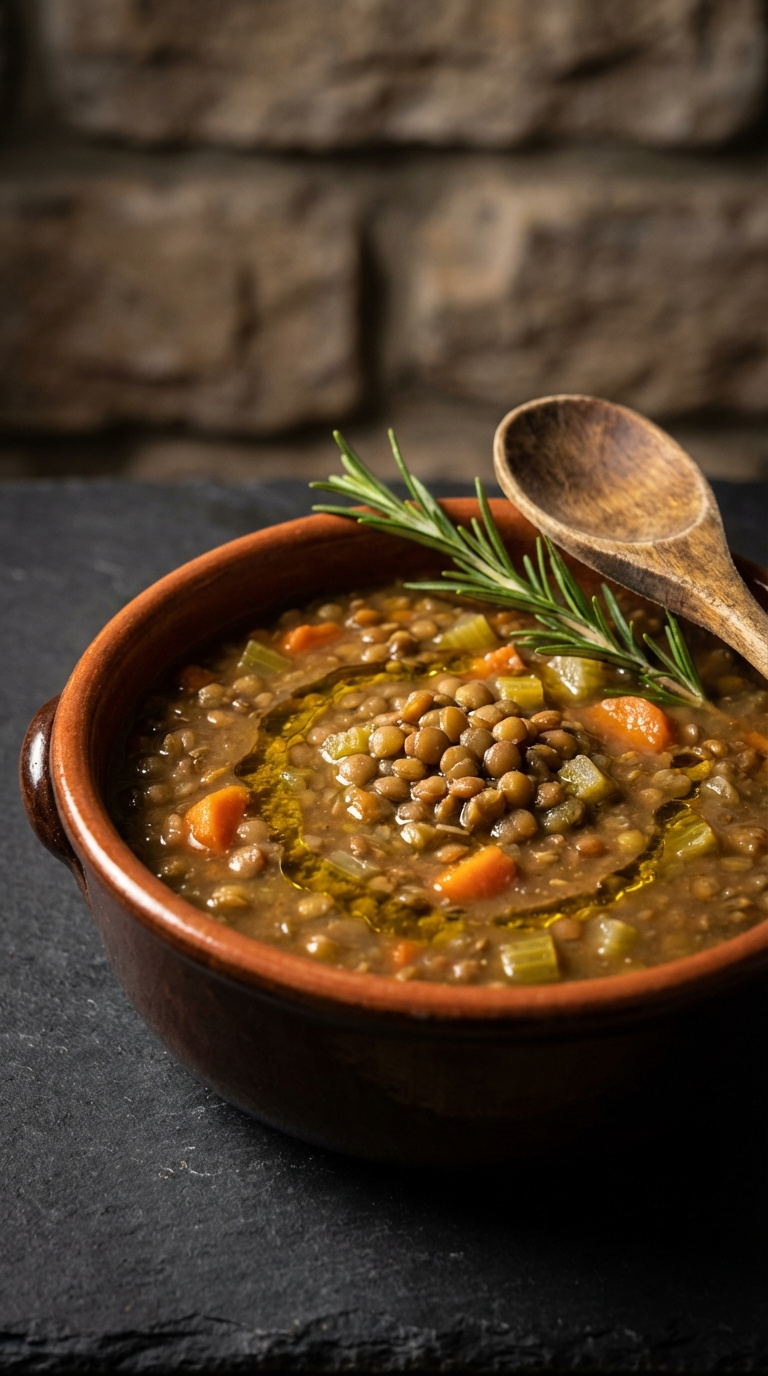 Hearty Instant Pot Lentil Soup With Earthy Lentils, Diced Vegetables, And Olive Oil Swirl In Earthenware Bowl