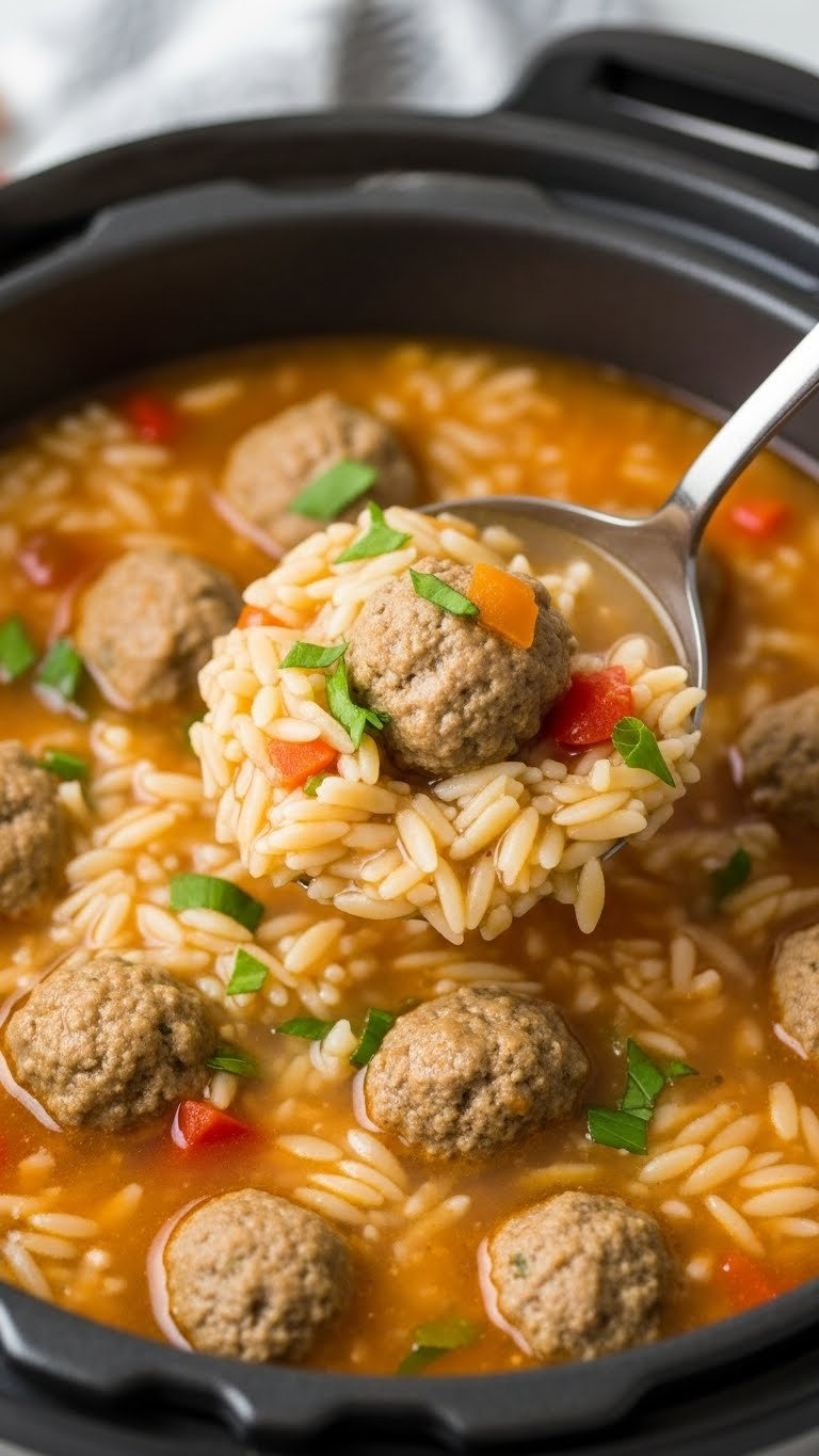Hearty Instant Pot Meatball And Orzo Soup With Fresh Herbs, Served In A Bowl On A Rustic Surface For A Comforting Dinner.