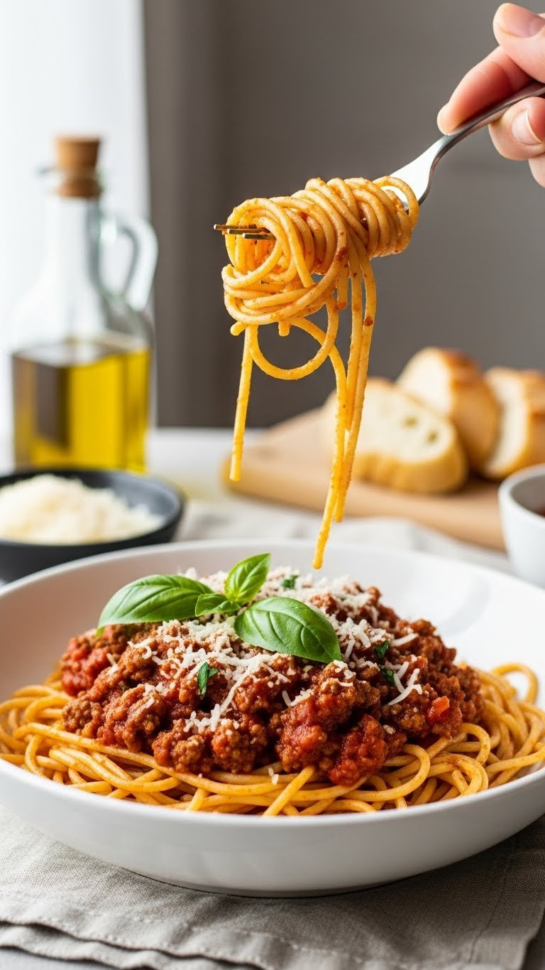 Hearty Instant Pot Spaghetti With Rich Meat Sauce, Grated Parmesan Cheese, And Fresh Basil In A White Pasta Bowl.
