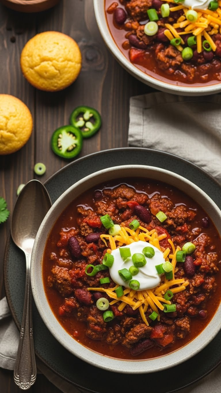 Hearty Instant Pot Spicy Beef Chili Topped With Scallions, Sour Cream, Cheddar, Served With A Corn Muffin And Jalapeños.