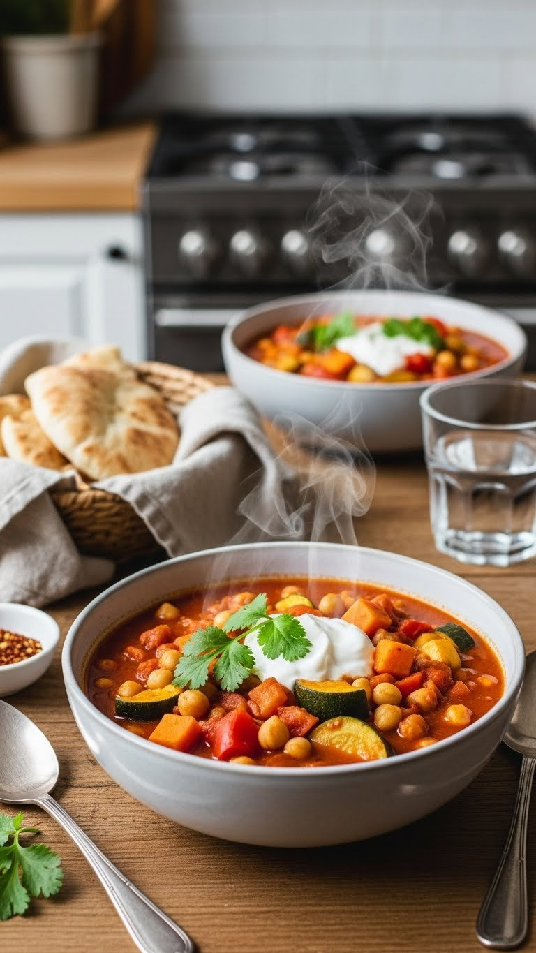 Hearty Instant Pot Spicy Chickpea And Vegetable Stew With Sweet Potatoes, Bell Peppers, Zucchini, Cilantro, And Yogurt.