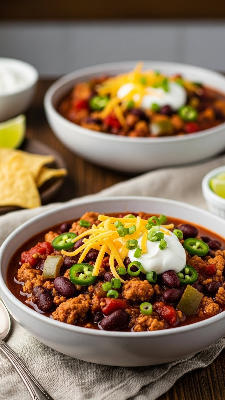 Hearty Instant Pot Turkey Chili With Beans, Tomatoes, Cheese, Greek Yogurt, And Green Onions In A Rustic Ceramic Bowl.