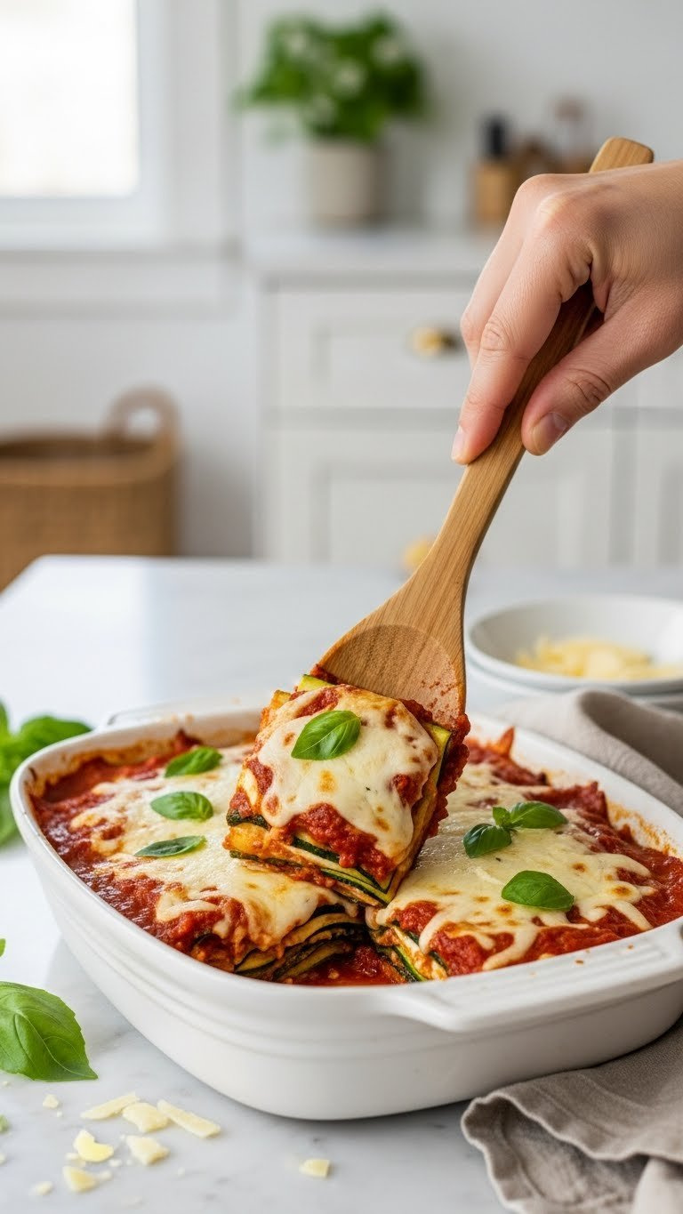 Hearty Italian Baked Zucchini And Marinara Casserole With Bubbling Mozzarella Cheese On A Marble Countertop With Basil Garnish