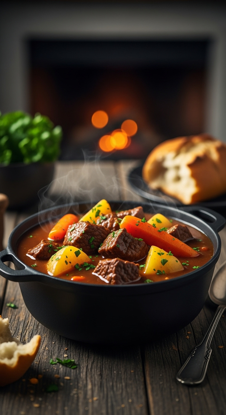 Hearty Old Fashioned Beef Stew With Beef Potatoes Carrots In Cast Iron Bowl On Dark Wooden Table With Crusty Bread