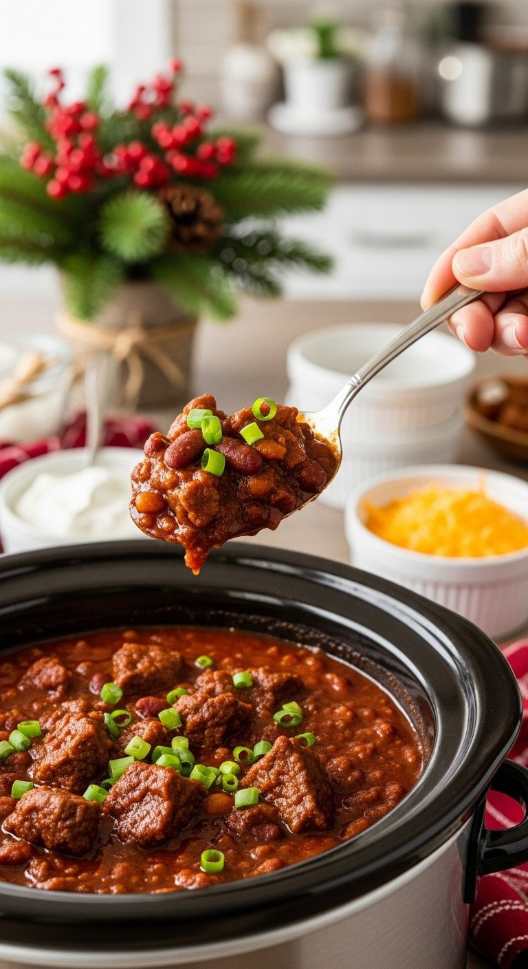 Hearty Slow Cooker Beef Chili With Browned Beef, Beans, Green Scallions, In A Modern Slow Cooker, Ready For Serving.