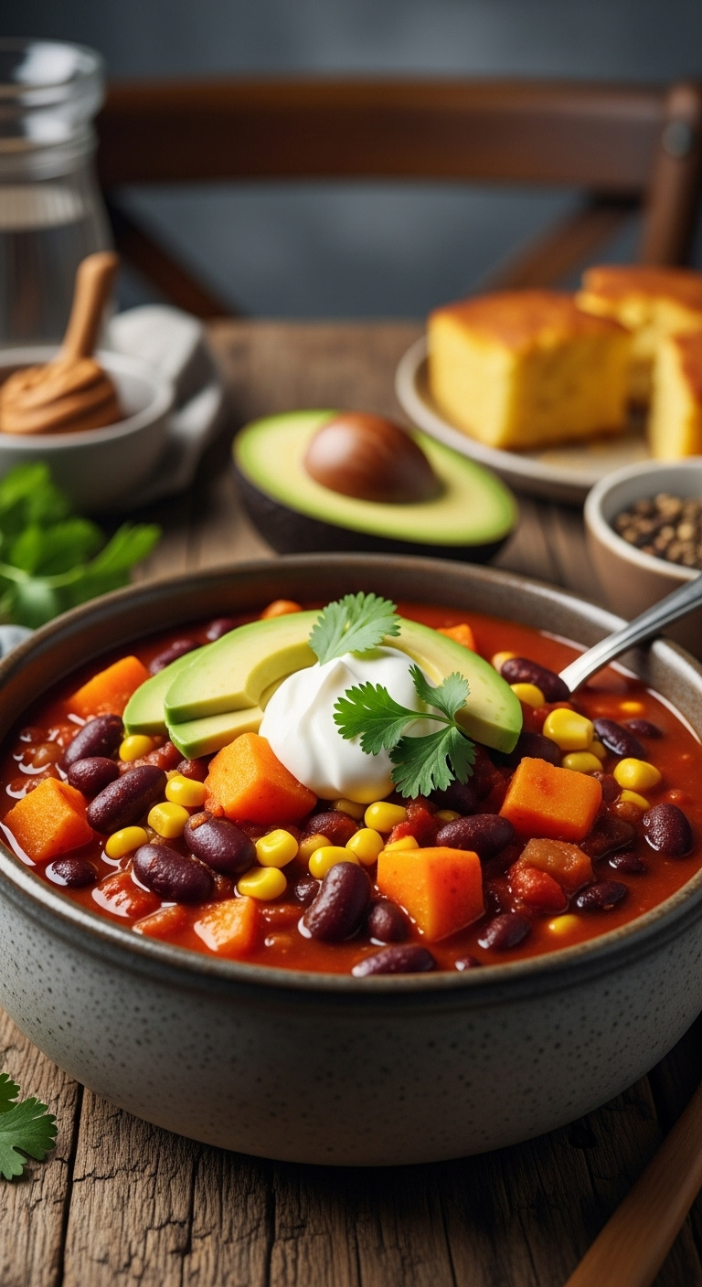 Hearty Vegetarian Harvest Chili With Beans Corn Butternut Squash Sour Cream Avocado And Cilantro In Rustic Bowl On Wooden Table