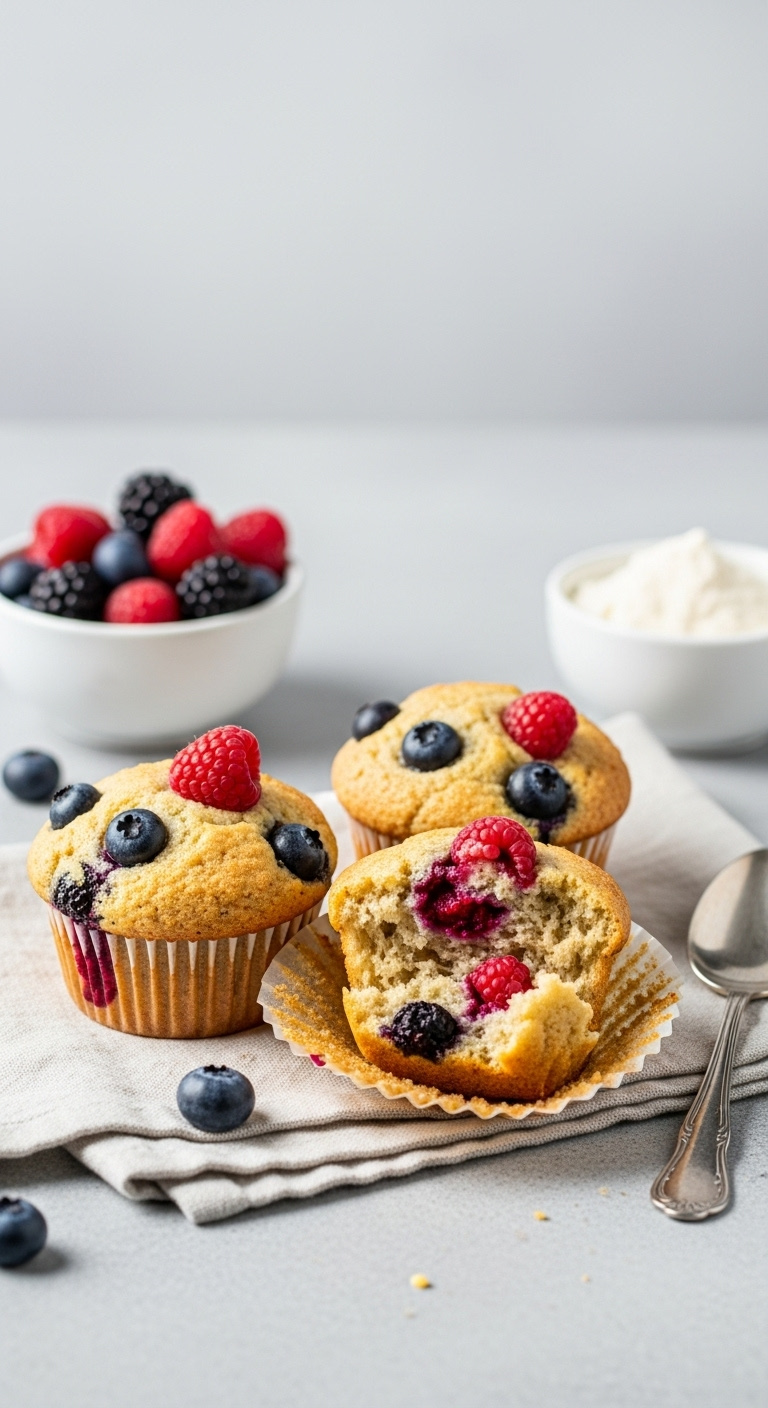 Hearty Almond Flour And Berry Muffins On A Linen Napkin With Mixed Berries And Almond Flour On A Stone Counter In Natural Light