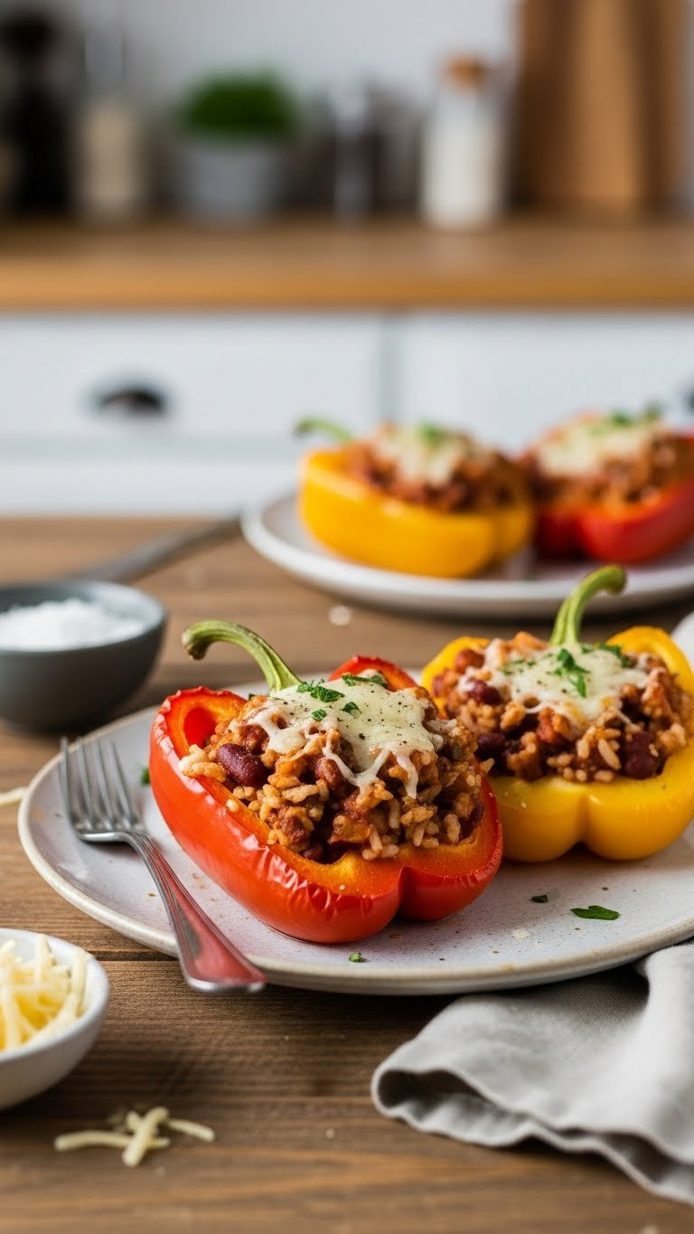 Hearty Baked Bean Brown Rice Stuffed Peppers Oven-Baked With Melted Cheese And Fresh Herb Garnish