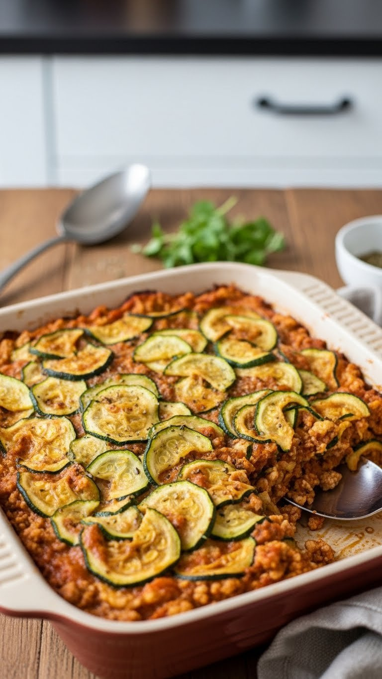 Hearty Baked Zucchini Noodle Casserole With Savory Sauce In Ceramic Baking Dish