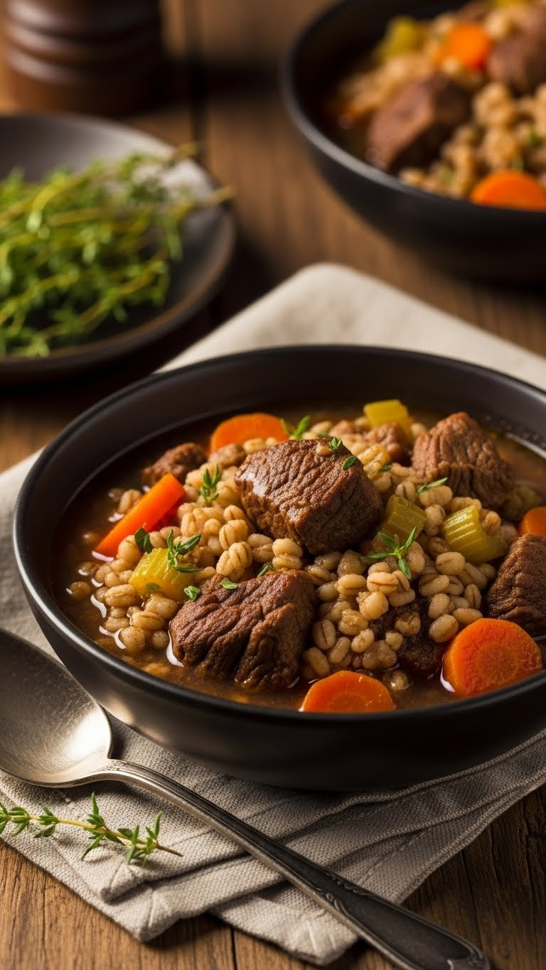 Hearty Beef And Barley Stew With Carrots And Celery In Dark Stoneware Bowl On Rustic Wooden Table