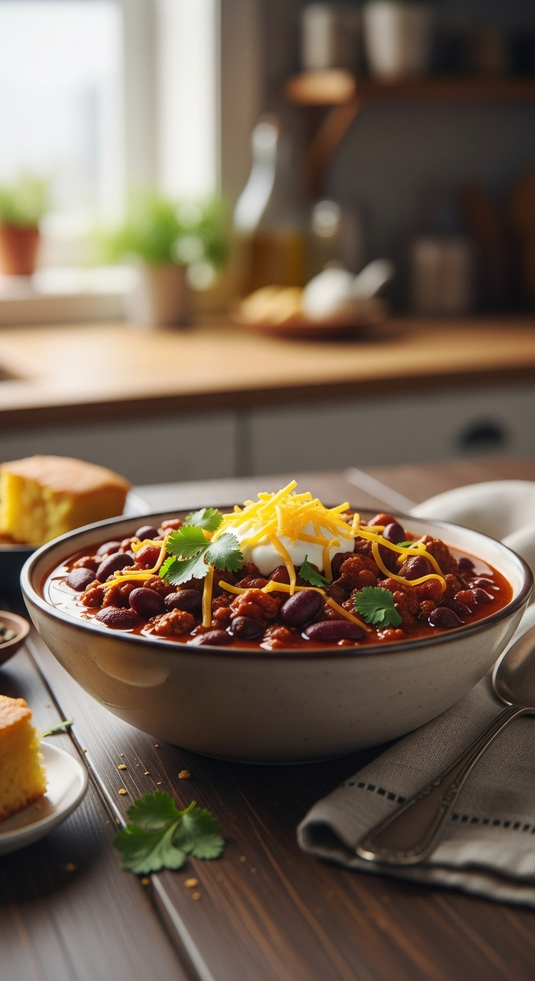 Hearty Beef And Bean Chili In A Ceramic Bowl, Garnished With Sour Cream, Cheddar, And Cilantro, On A Rustic Wood Table With Cornbread.