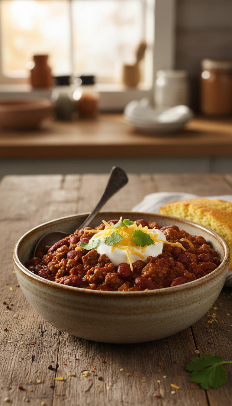 Hearty Beef And Bean Chili In A Rustic Bowl Topped With Cheddar Cheese, Sour Cream, And Fresh Cilantro.