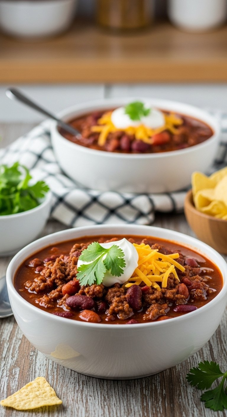 Hearty Beef And Bean Chili Topped With Shredded Cheddar Cheese, Sour Cream, And Fresh Cilantro In A Rustic Ceramic Bowl.