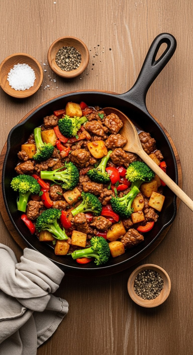 Hearty Beef And Veggie Skillet Meal With Broccoli, Bell Peppers, And Potatoes In Savory Sauce.