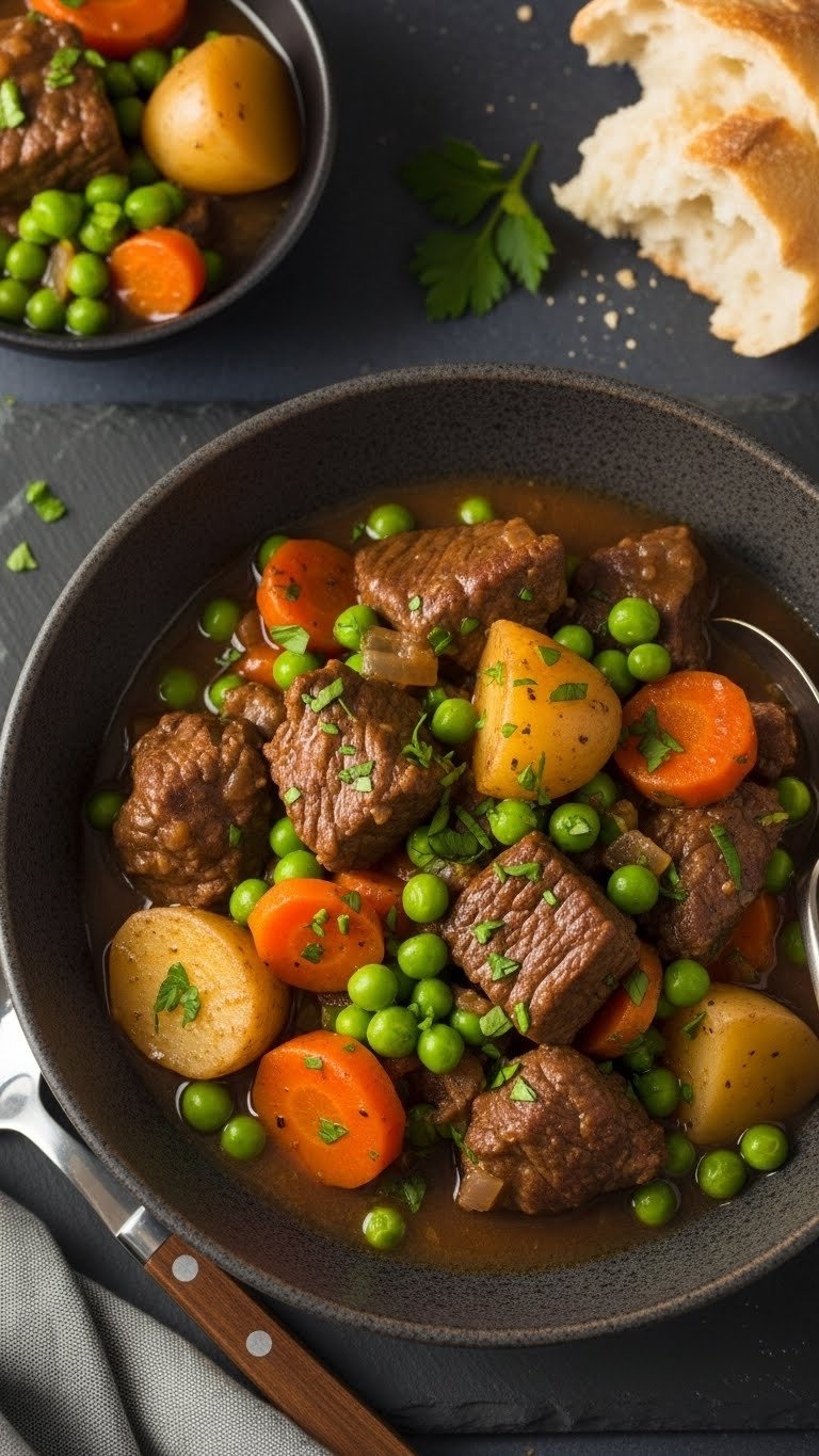 Hearty Beef Stew With Tender Chunks, Carrots And Potatoes In Rustic Bowl On Dark Slate Surface