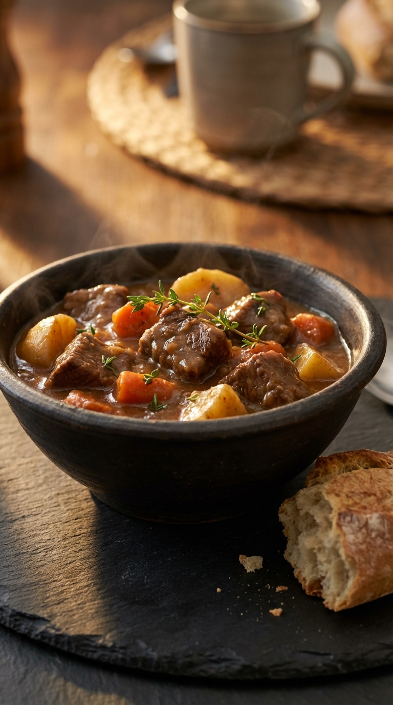 Hearty Beef Stew With Tender Chunks Of Beef, Potatoes, And Carrots In Thick Gravy Garnished With Fresh Thyme In Rustic Bowl