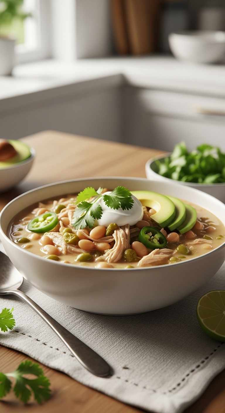 Hearty Bowl Of Creamy White Chicken Chili With Shredded Chicken White Beans Cilantro Sour Cream And Sliced Avocado