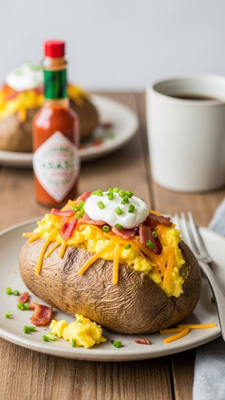 Hearty Breakfast Baked Potato With Scrambled Eggs, Bacon, And Cheddar Cheese Garnish