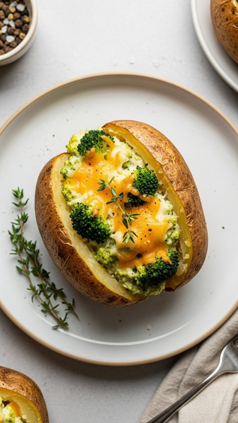Hearty Broccoli Cheddar Stuffed Potatoes With Golden-Brown Crispy Skins, Creamy Cheese Filling, And Vibrant Broccoli Florets