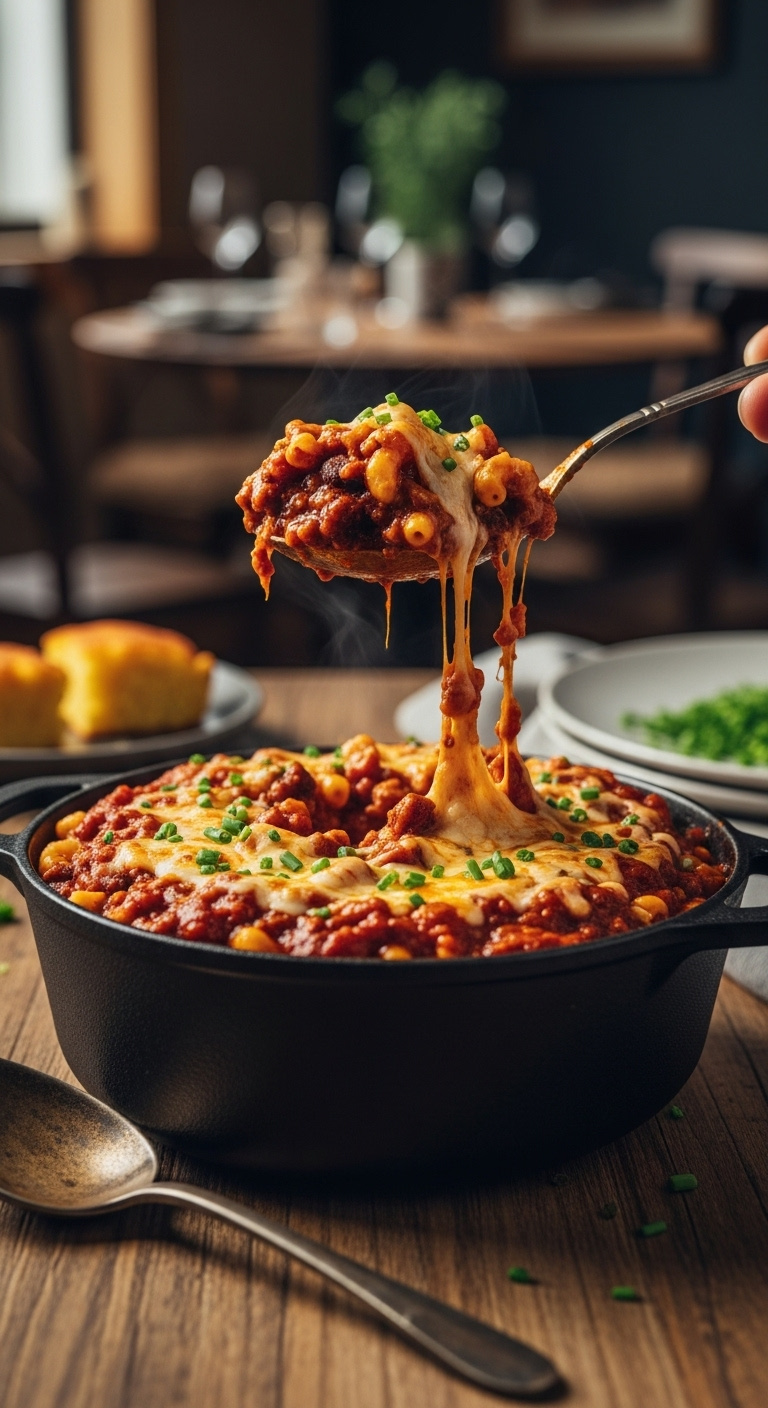 Hearty Cheesy Ninja Foodi Chipotle Chili Mac With A Cheese Pull Being Served With Cornbread And Chives