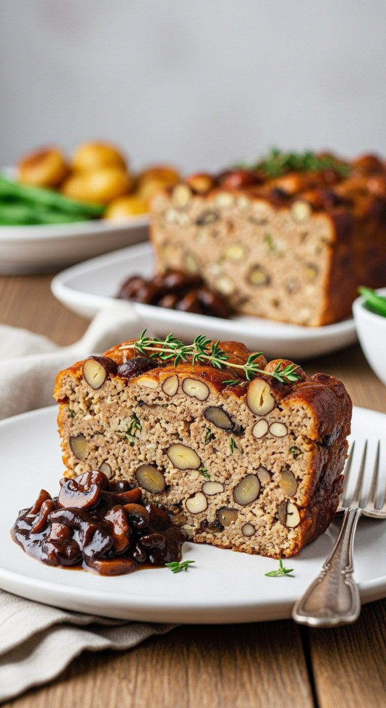 Hearty Chestnut Mushroom Nut Roast Slice With Rich Gravy, Fresh Thyme On White Plate. Ideal Vegan Christmas Dinner Recipe.