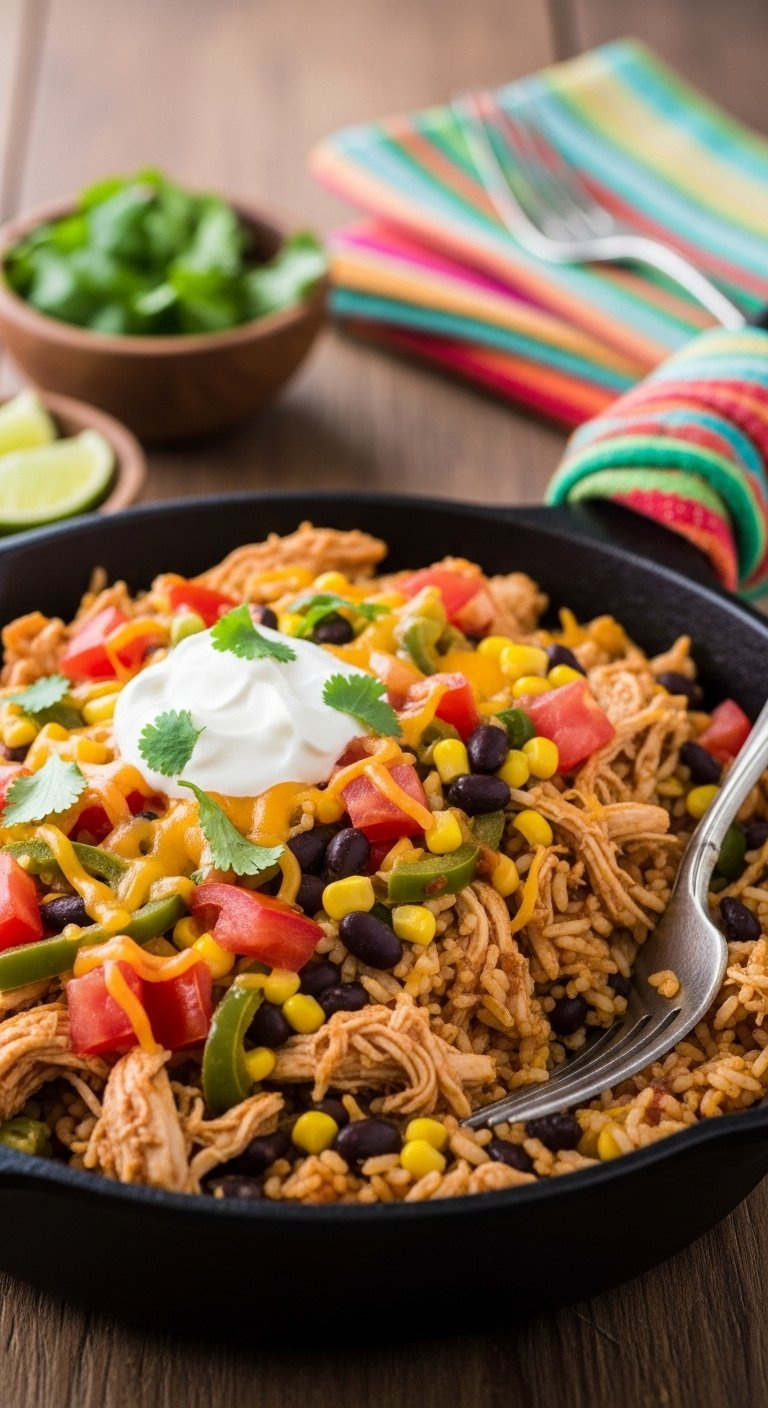 Hearty Chicken And Rice Taco Skillet With Black Beans Corn Melted Cheddar And Sour Cream.