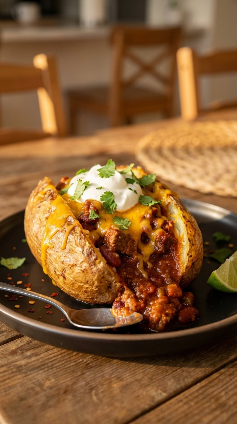 Hearty Chili-Stuffed Baked Potato With Beef Chili, Melted Cheddar Cheese, Sour Cream, And Cilantro Garnish