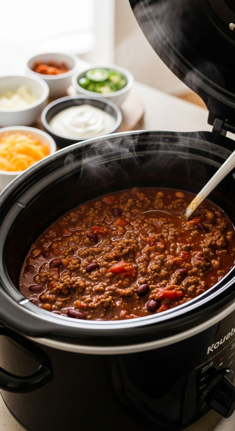 Hearty Chili With Ground Beef Beans And Tomatoes In A Black Slow Cooker With Toppings On A Kitchen Counter For A Crowd