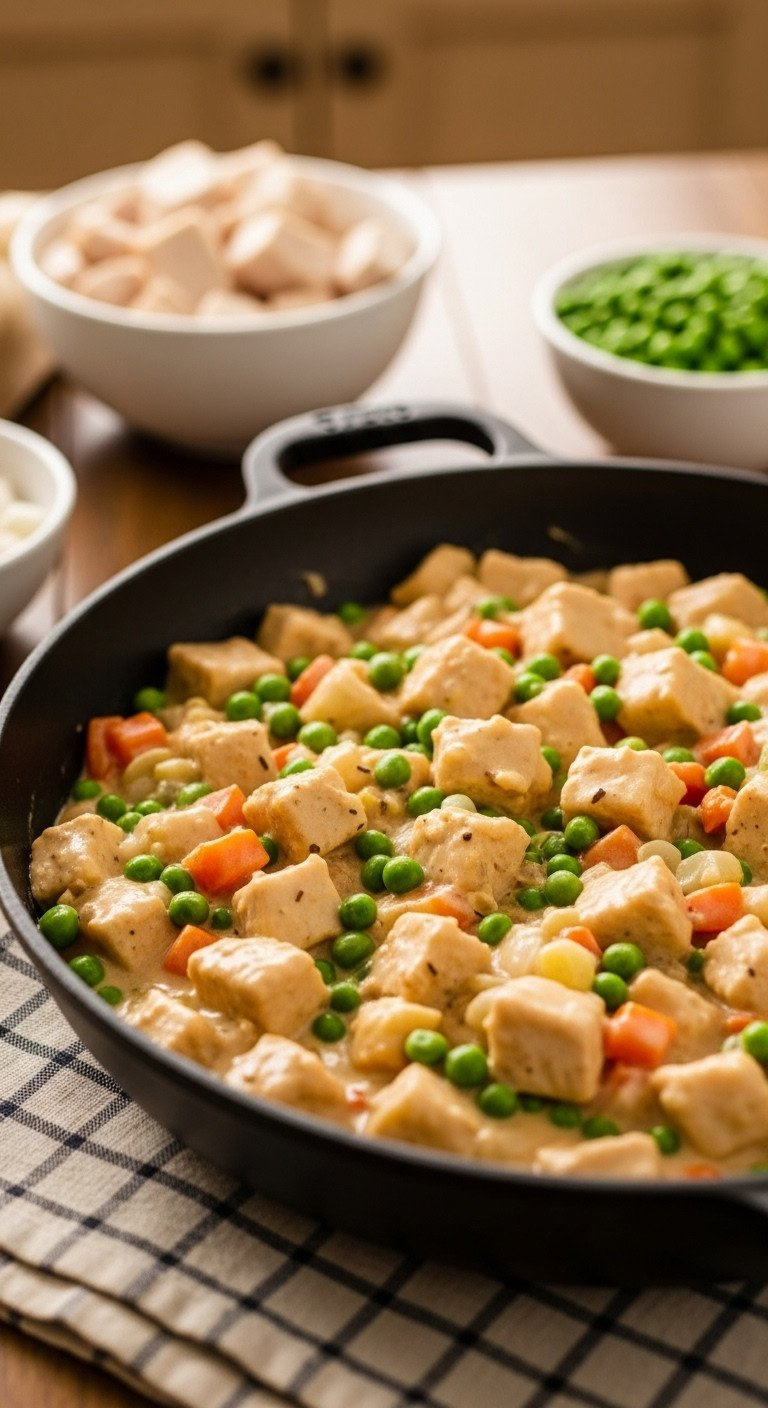 Hearty Creamy Turkey Pot Pie Filling With Cubed Turkey, Peas, Vegetables In A Skillet On A Checkered Cloth.