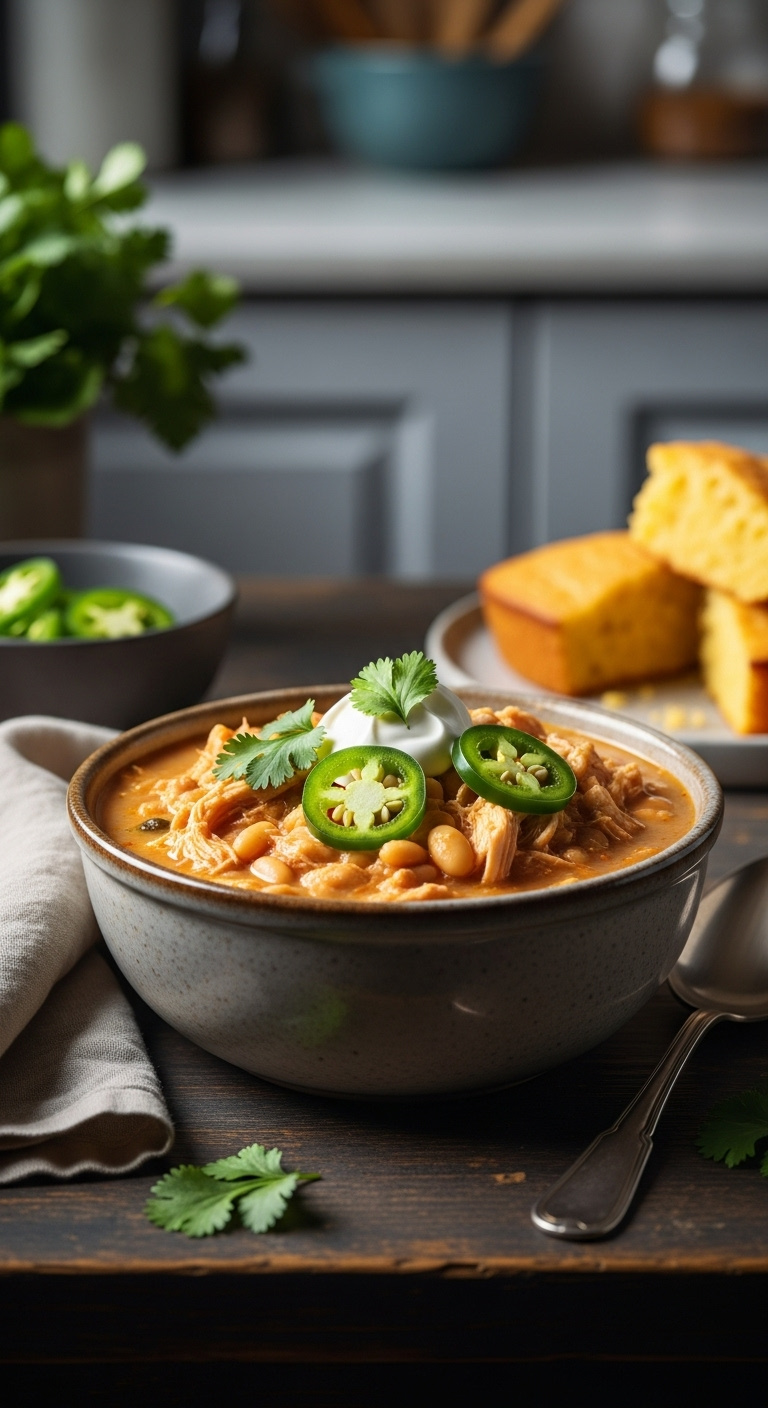 Hearty Creamy White Chicken Chili With Shredded Chicken White Beans Cilantro Sour Cream And Jalapeños In A Rustic Bowl With Cornbread
