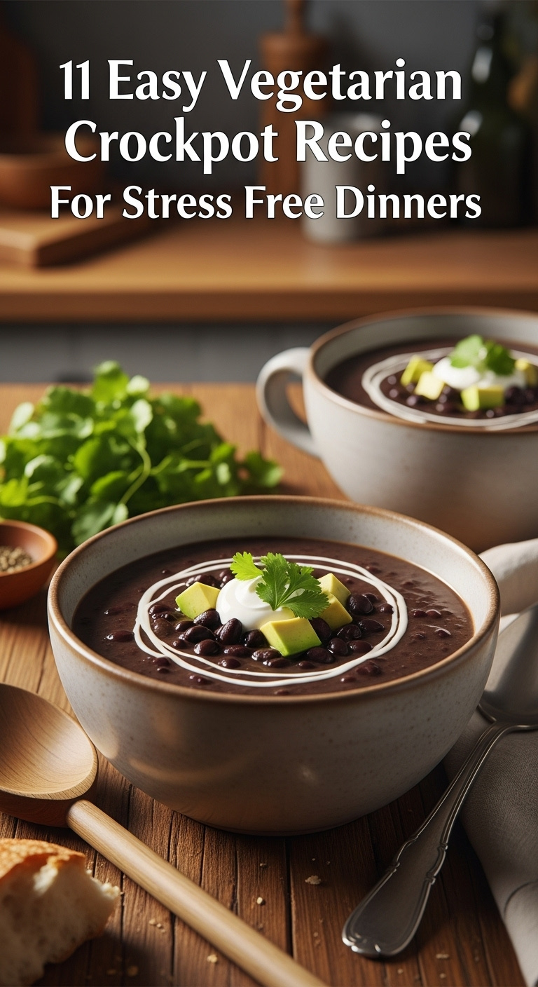 Hearty Crockpot Black Bean Soup With Sour Cream Cilantro And Avocado In Rustic Bowl With Wooden Spoon Crusty Bread And Napkin
