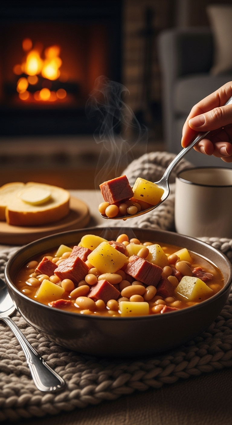 Hearty Crockpot Ham And Potato Bean Soup With Visible Chunks Of Ham, Potatoes, And White Beans, Served In A Rustic Bowl.