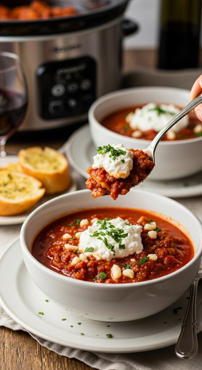 Hearty Crockpot Lasagna Soup Bowl Topped With Creamy Ricotta, Mozzarella, Fresh Parsley, Served With Garlic Bread.