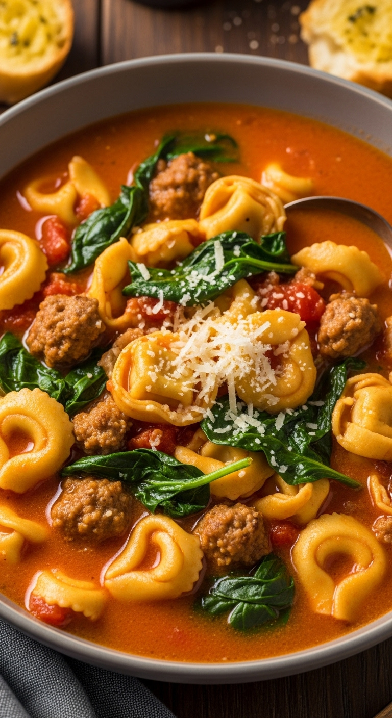 Hearty Crockpot Sausage And Tortellini Soup With Spinach And Parmesan In A Large Bowl With Garlic Bread