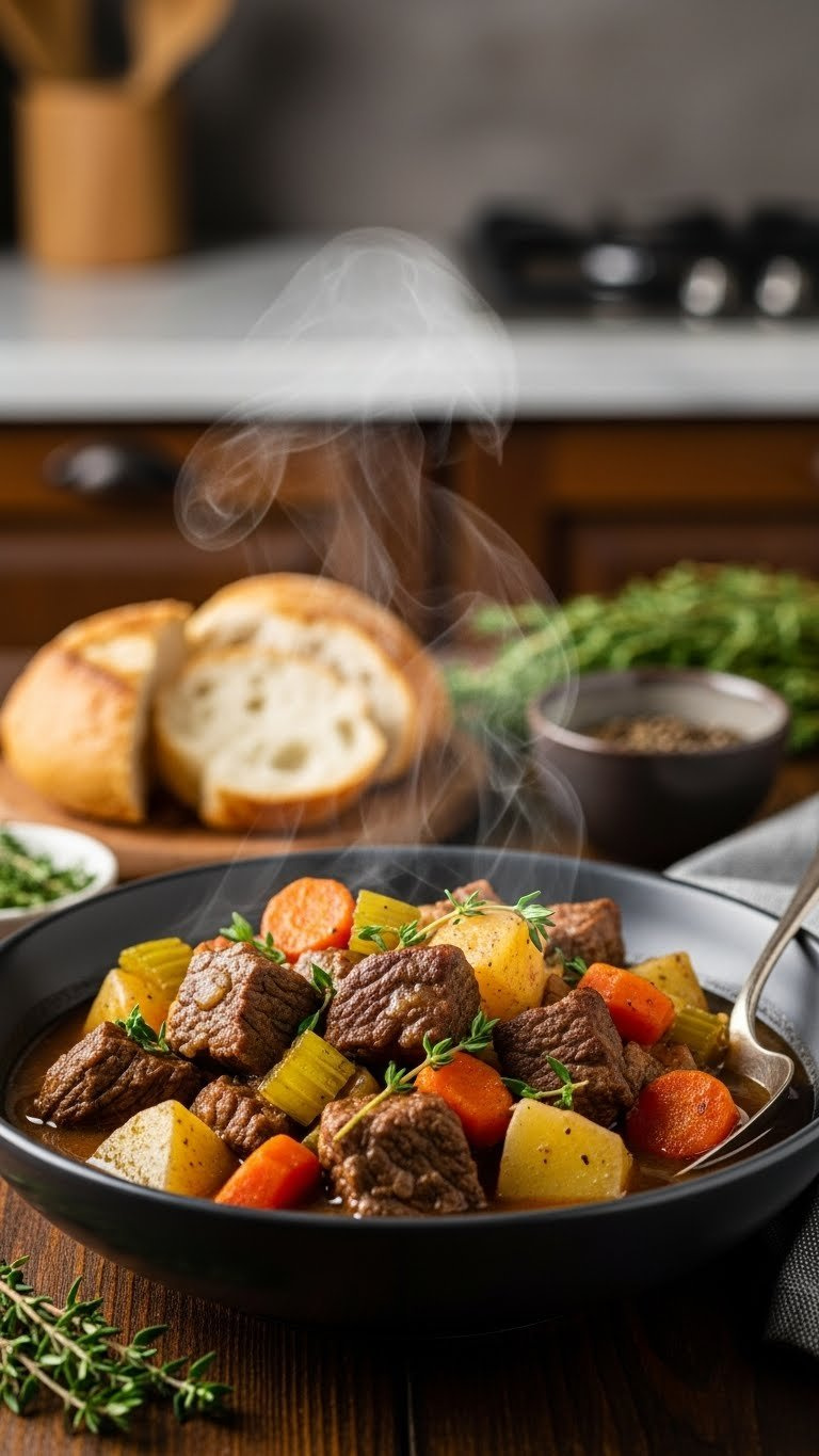 Hearty Dairy-Free Instant Pot Beef Stew With Tender Beef, Potatoes, Carrots, And Herbs On A Dark Wooden Table.