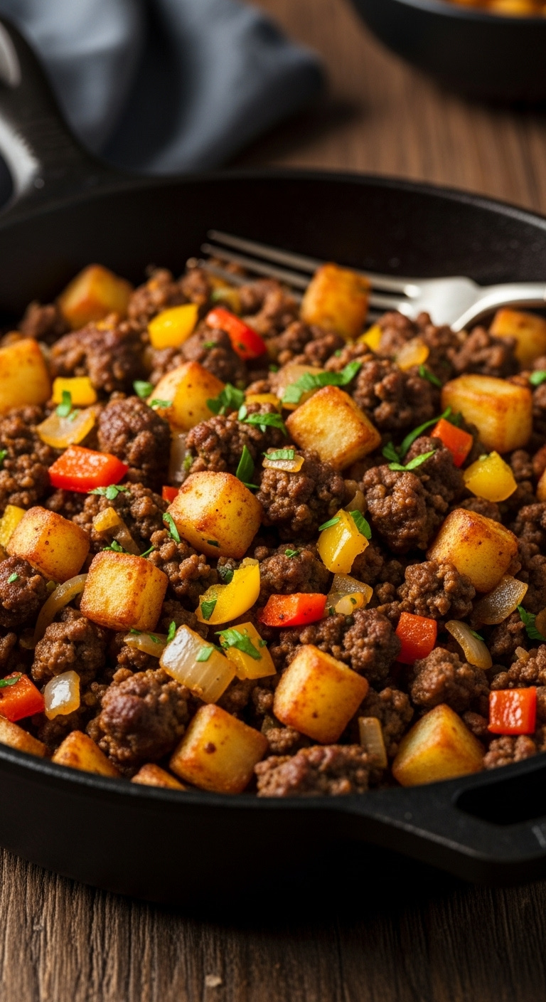Hearty Ground Beef And Potatoes Skillet With Bell Peppers Onions And Parsley On Rustic Wooden Surface High-End Magazine Cover Style